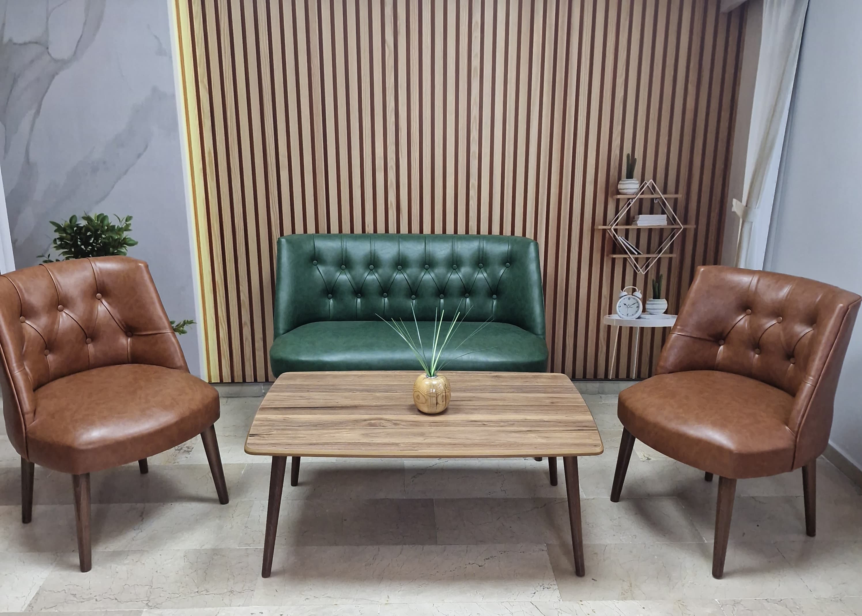 Milano Çay Seti Koltuk Takımı - Ofis Takımı - Deri Kumaş - 2+1+1+Bench+Sehpa | Yeşil Taba