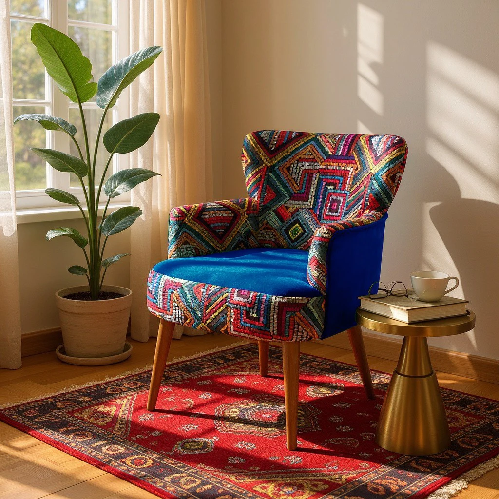 Roma Renkli Desen Modern Tasarım Dijital Baskılı Babyface Kumaş Berjer  Koltuk - Mavi