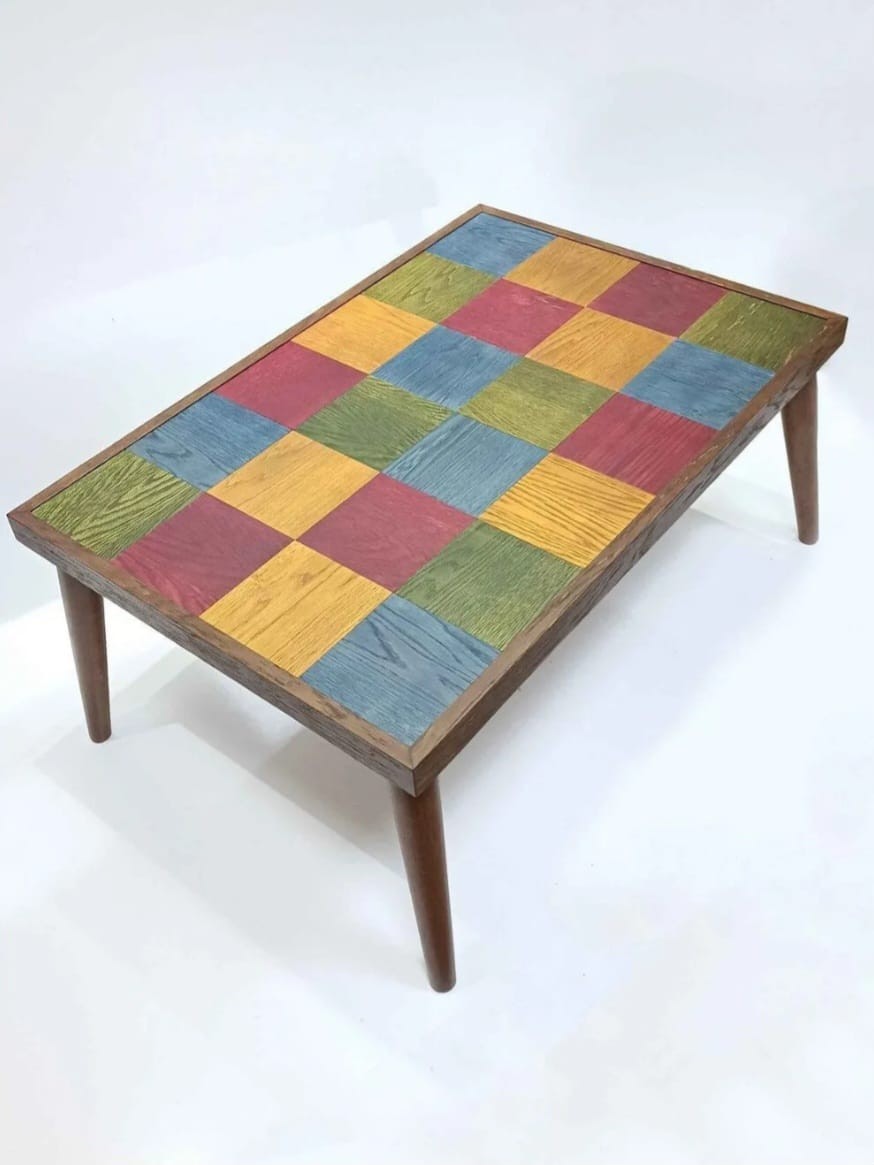 Azra Mobilya Çok Renkli Modern Ahşap Orta Sehpa – Patchwork Desenli Retro Tasarım