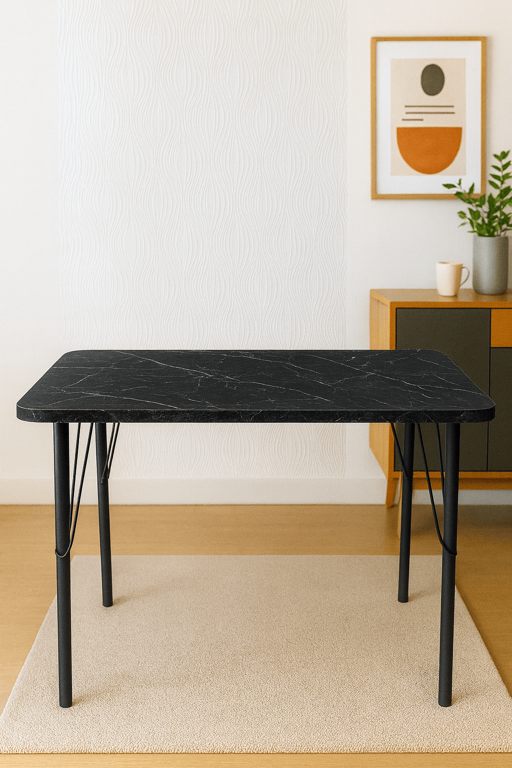 Siyah Modern Tasarımlı 90x60 cm Kompakt Masa – Siyah Ayaklı, Ahşap Desenli Tabla