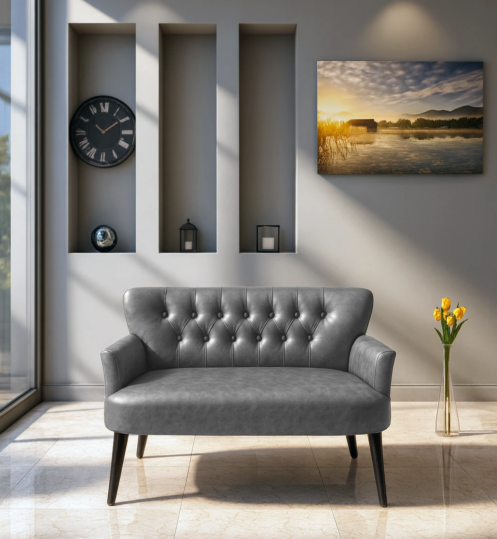 Roma İkili Koltuk - Deri Kumaş - Chester Tarzı - Ofis Koltuğu - Gri