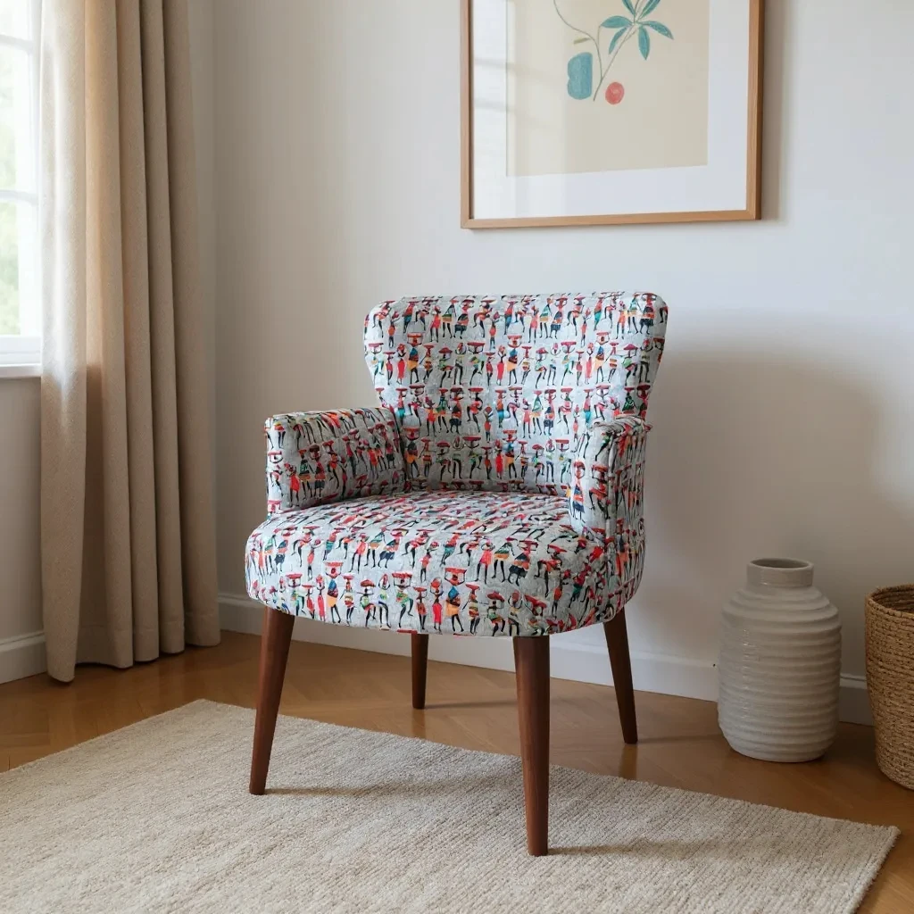Roma Modern Tekli Koltuk Berjer - Dijital Baskılı Kumaş - Ahşap Ayak - Afrika Desen