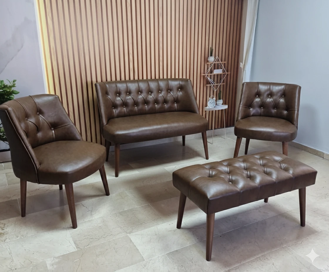 Milano Çay Seti Koltuk Takımı - Ofis Takımı - Deri Kumaş - 2+1+1+Bench - Acı Kahve
