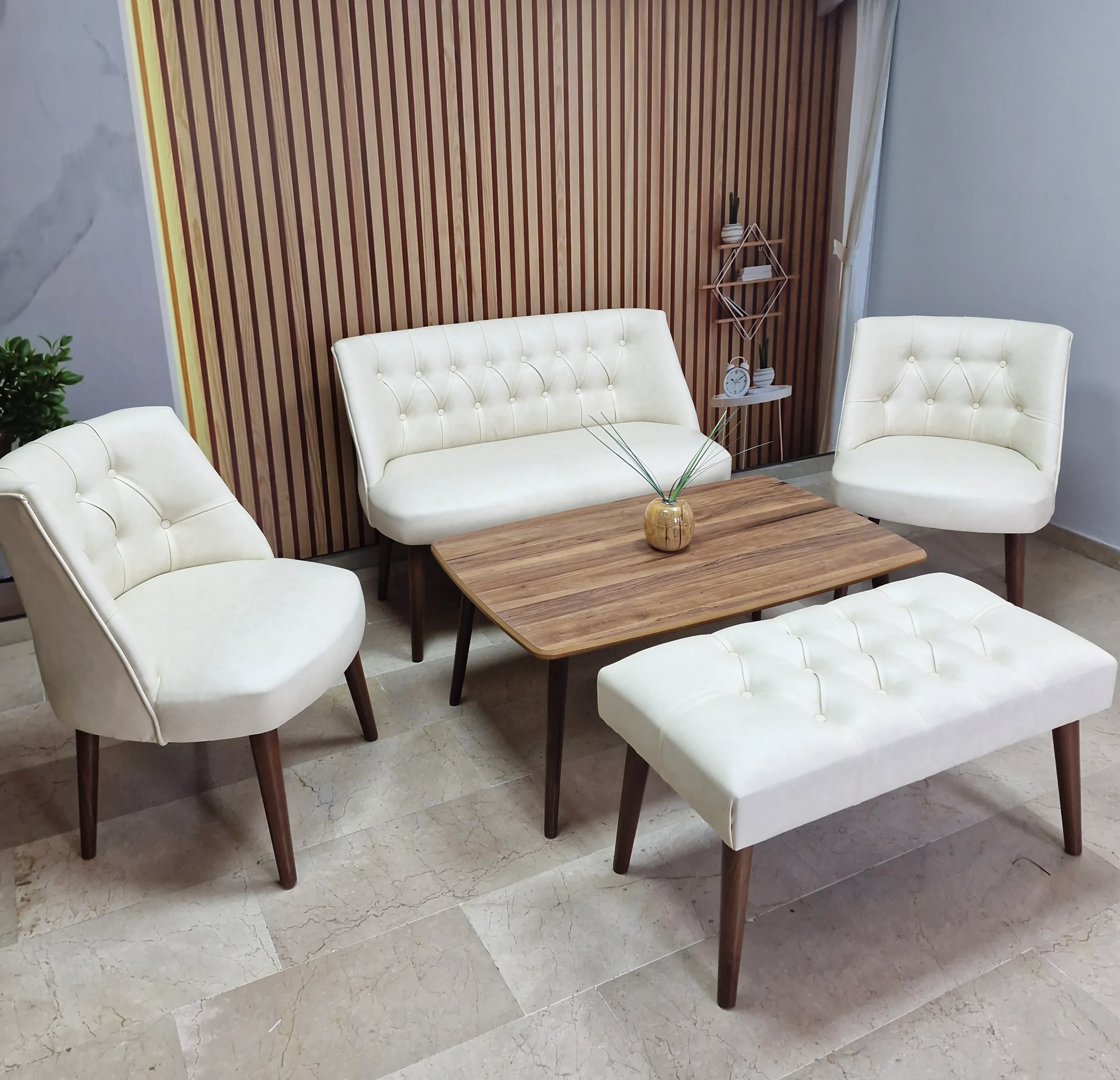 Milano Çay Seti Koltuk Takımı - Ofis Takımı - Deri Kumaş - 2+1+1+Bench+Sehpa | Krem