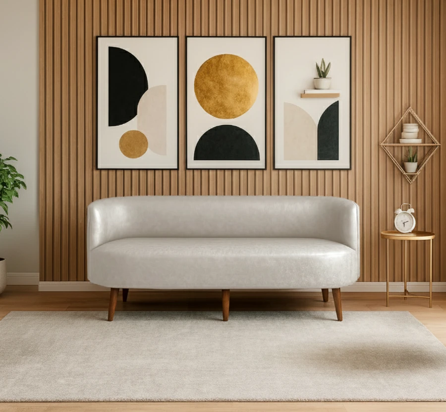 Sydney Üçlü Koltuk Kanepe | Deri Kumaş | Ahşap Ayak | Ofis ve Ev Kullanımı | Krem