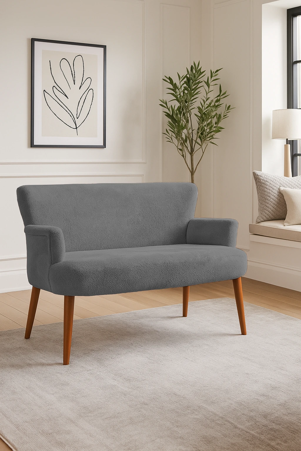 Roma Modern İkili Koltuk - Welsoft Yumuşak Kumaş - Ahşap Ayak - Gri