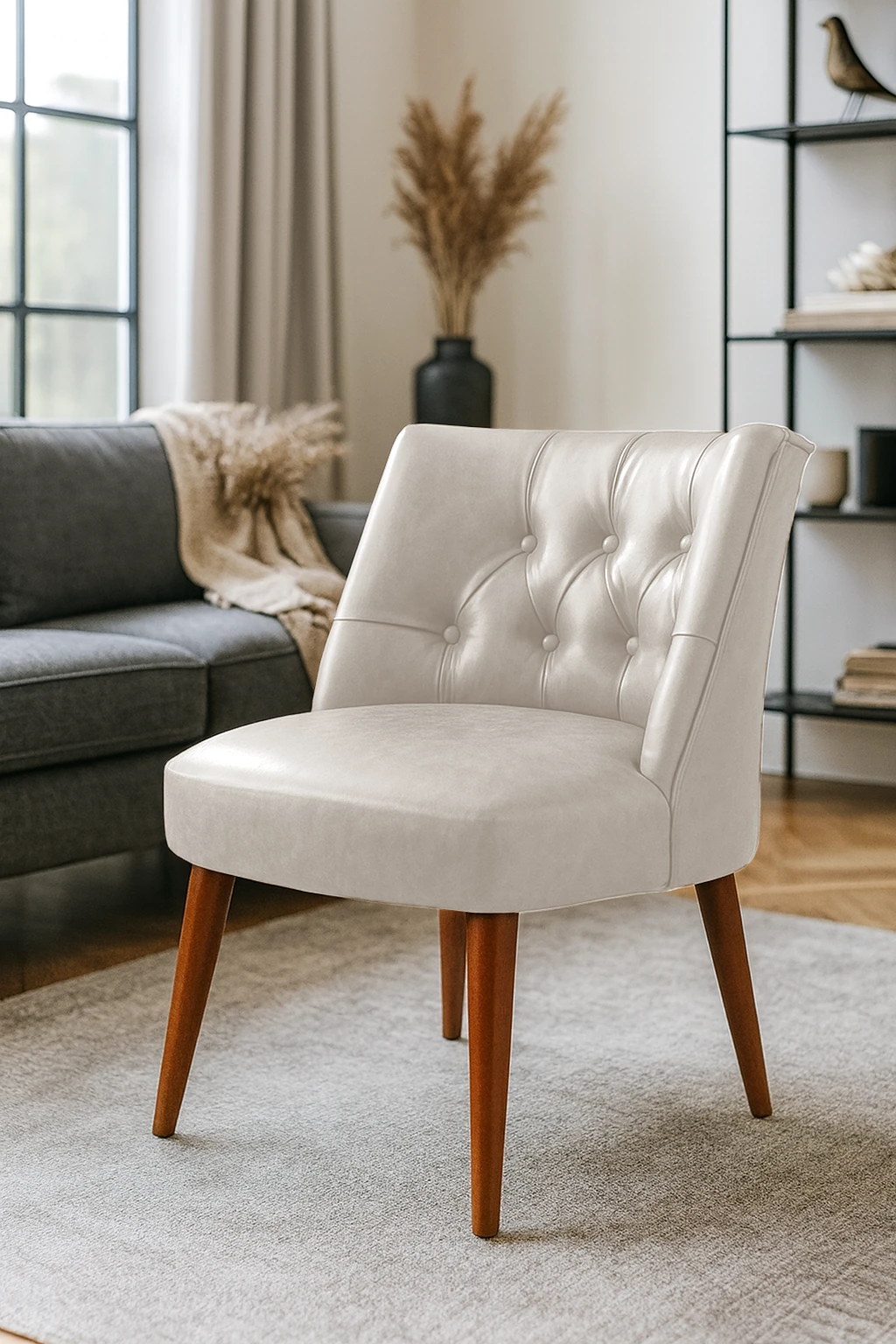 Modern Kolsuz Deri Berjer – Demonte Ahşap Ayaklı, Konforlu Oturma Koltuğu - Krem