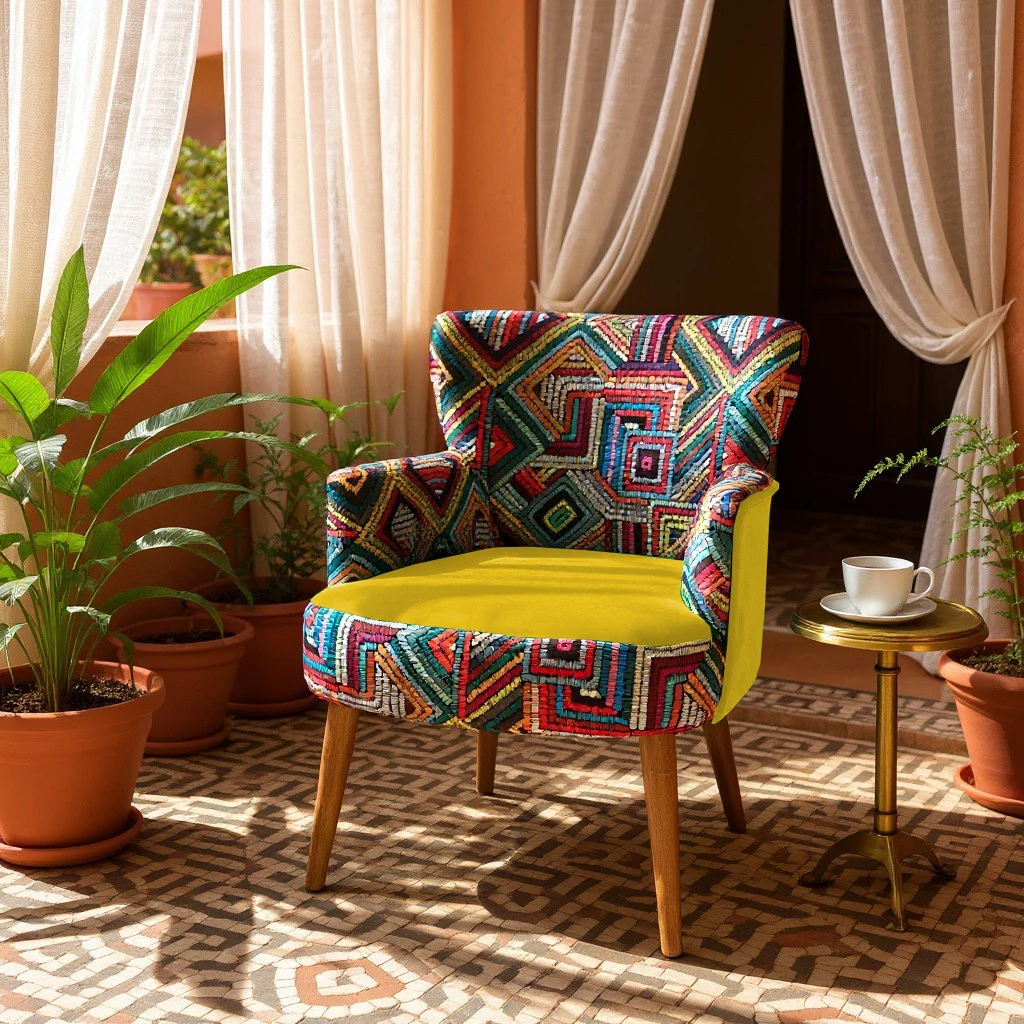 Roma Renkli Desen Modern Tasarım Dijital Baskılı Babyface Kumaş Berjer  Koltuk - Sarı