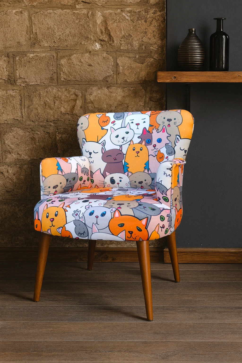 Roma Modern Tekli Koltuk Berjer - Dijital Baskılı Kumaş - Ahşap Ayak - Kedili 2