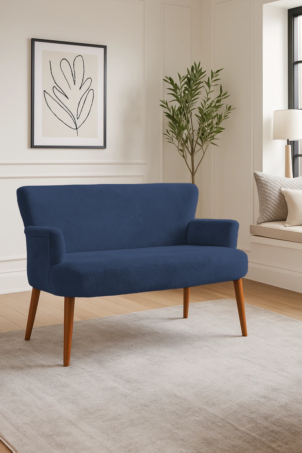 Roma Modern İkili Koltuk - Welsoft Yumuşak Kumaş - Ahşap Ayak - Lacivert