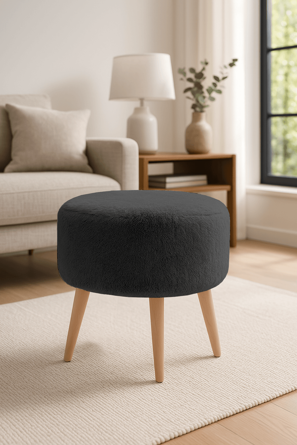 Puf  - Welsoft Yumuşak Kumaş  - 40 cm Yuvarlak - Makyaj Pufu - Antrasit