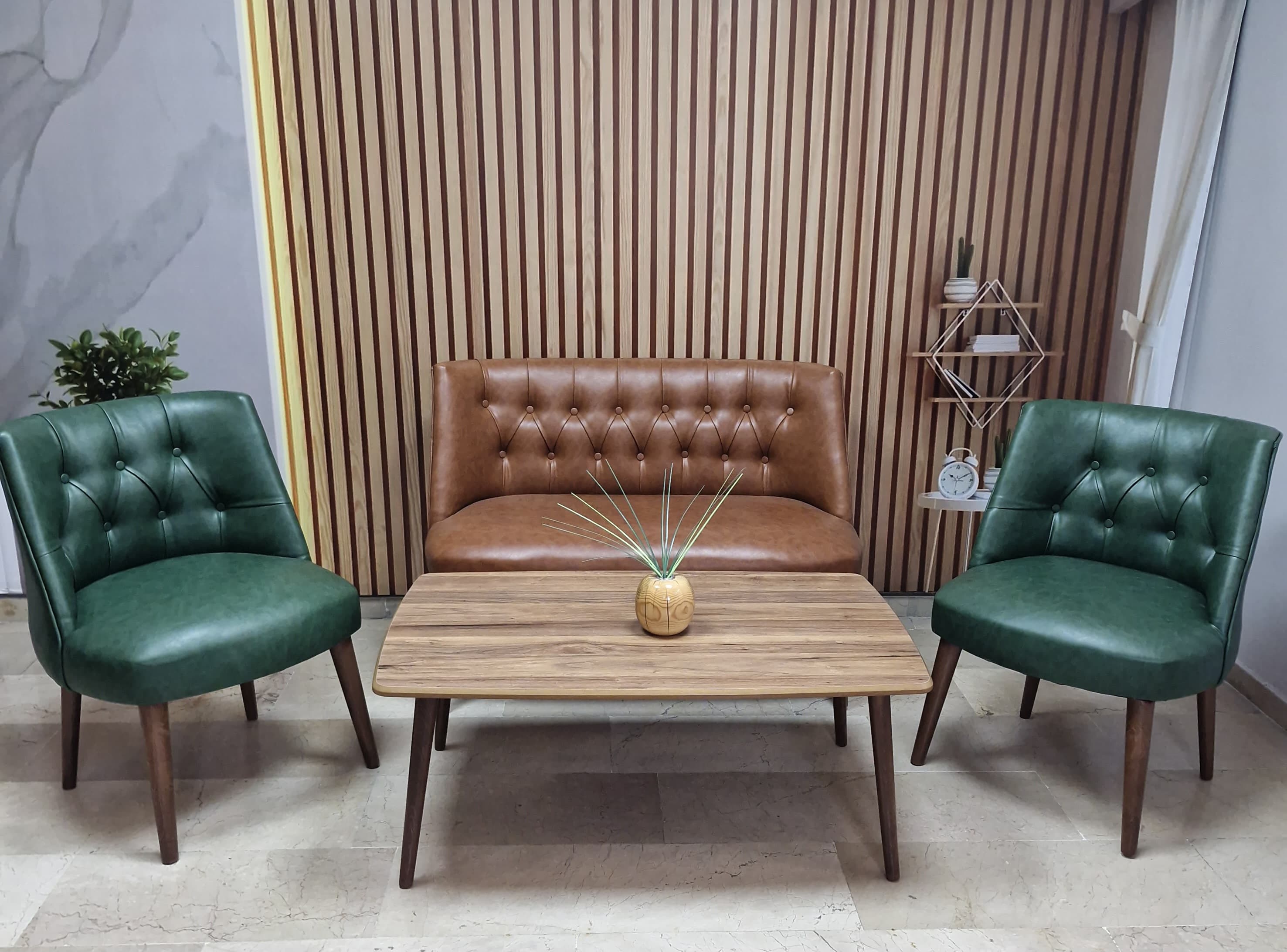 Milano Çay Seti Koltuk Takımı - Ofis Takımı - Deri Kumaş - 2+1+1+Bench+Sehpa | Taba Yeşil