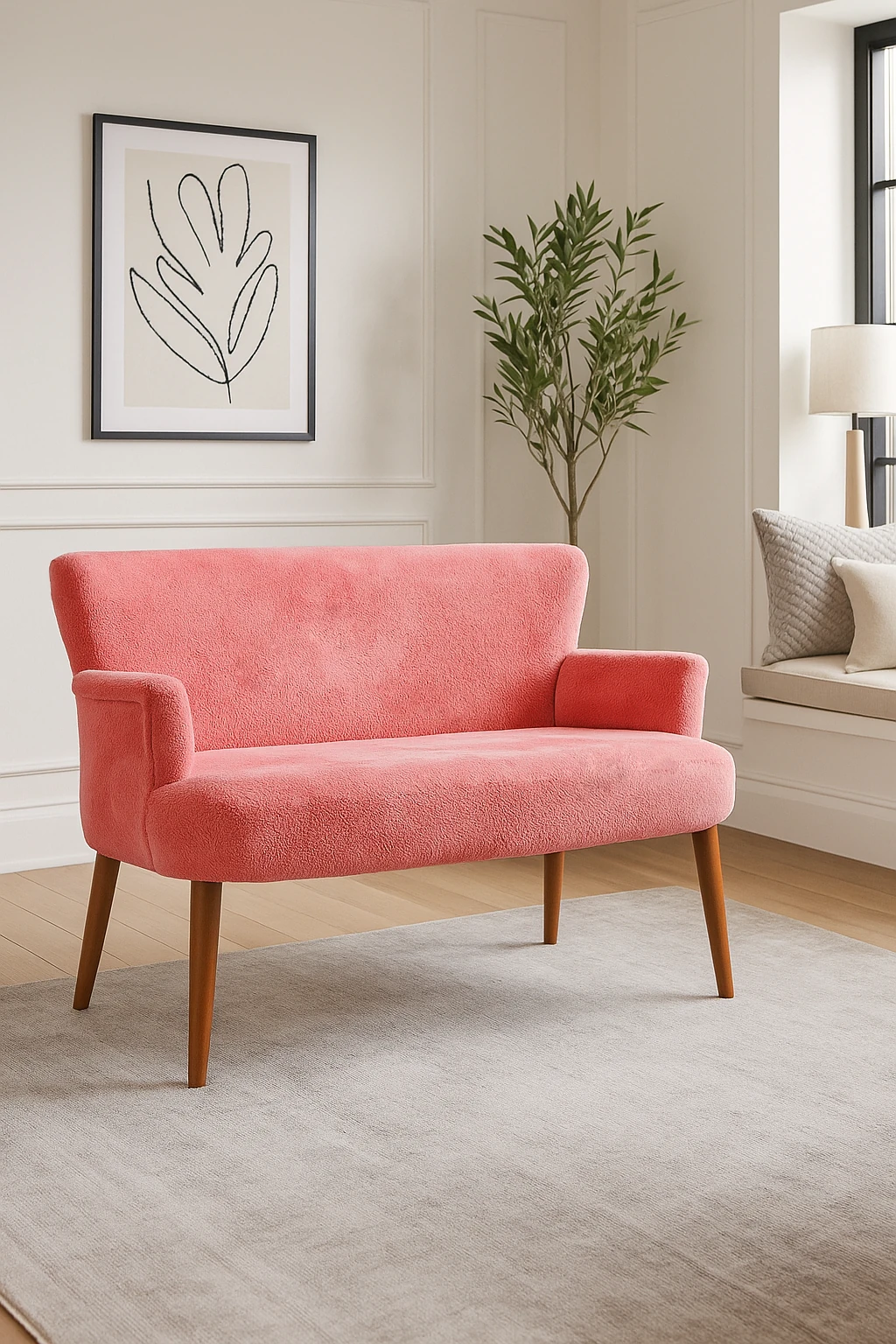 Roma Modern İkili Koltuk - Welsoft Yumuşak Kumaş - Ahşap Ayak - Gül Kurusu