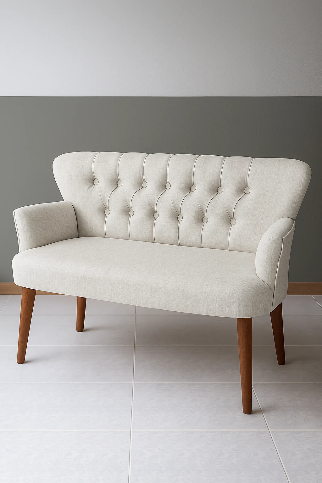 Roma Modern İkili Koltuk - Keten Kumaş - Ahşap Ayak - Krem