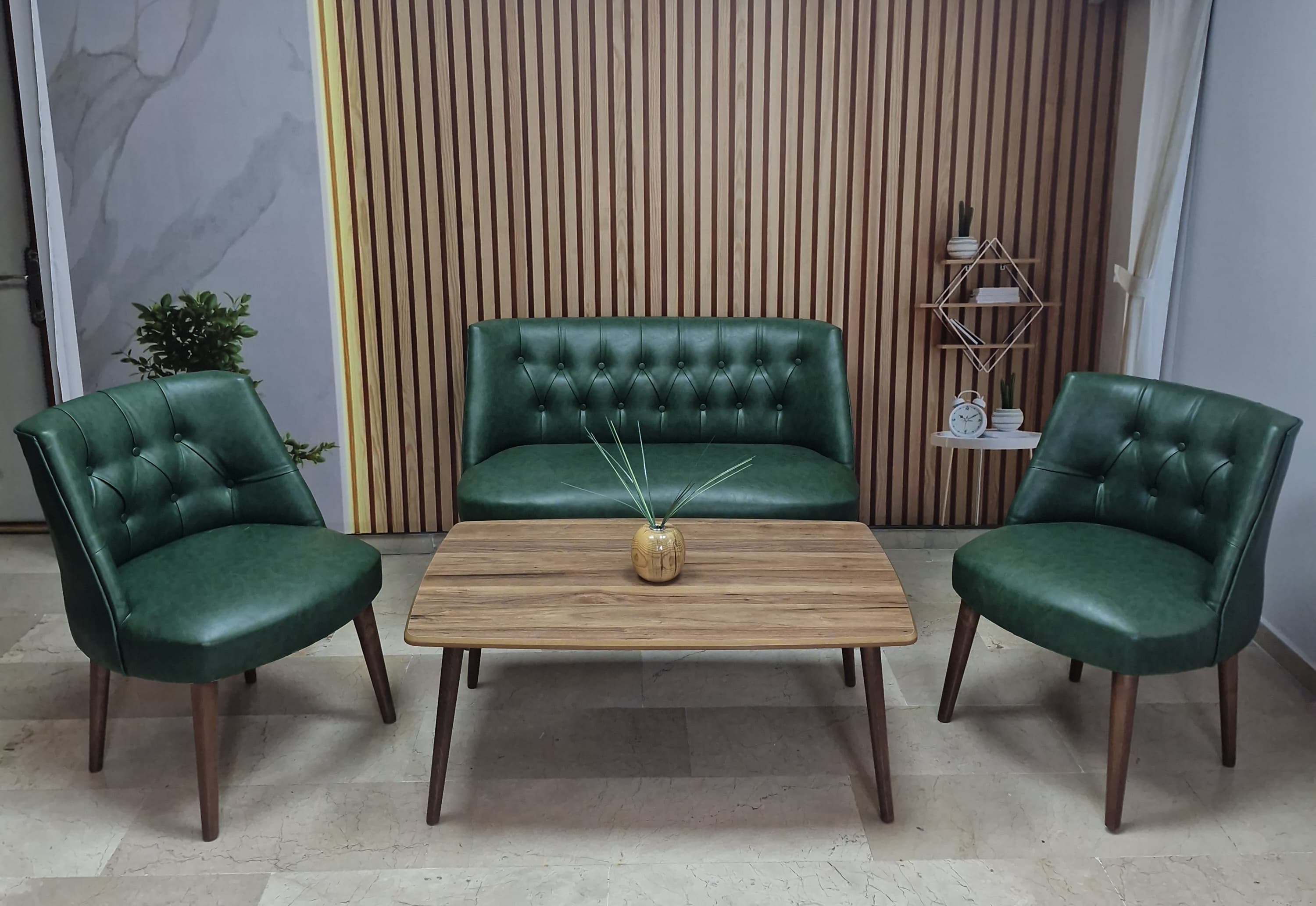 Milano Çay Seti Koltuk Takımı - Ofis Takımı - Deri Kumaş - 2+1+1+Bench+Sehpa | Yeşil