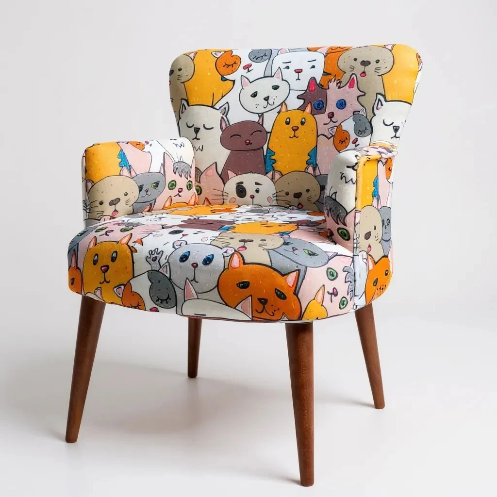 Roma Modern Tekli Koltuk Berjer - Dijital Baskılı Kumaş - Ahşap Ayak - Kedili 2