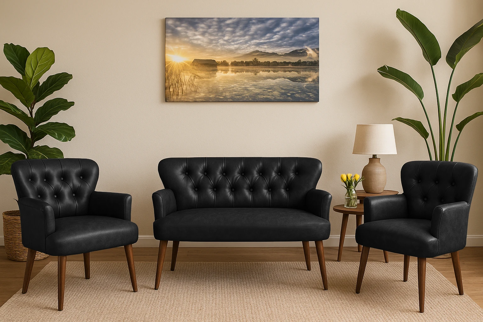 Modern Chester Tarzı 3’lü Çay Seti Koltuk Takımı 2+1+1 – Deri, Ahşap Ayaklı - Siyah