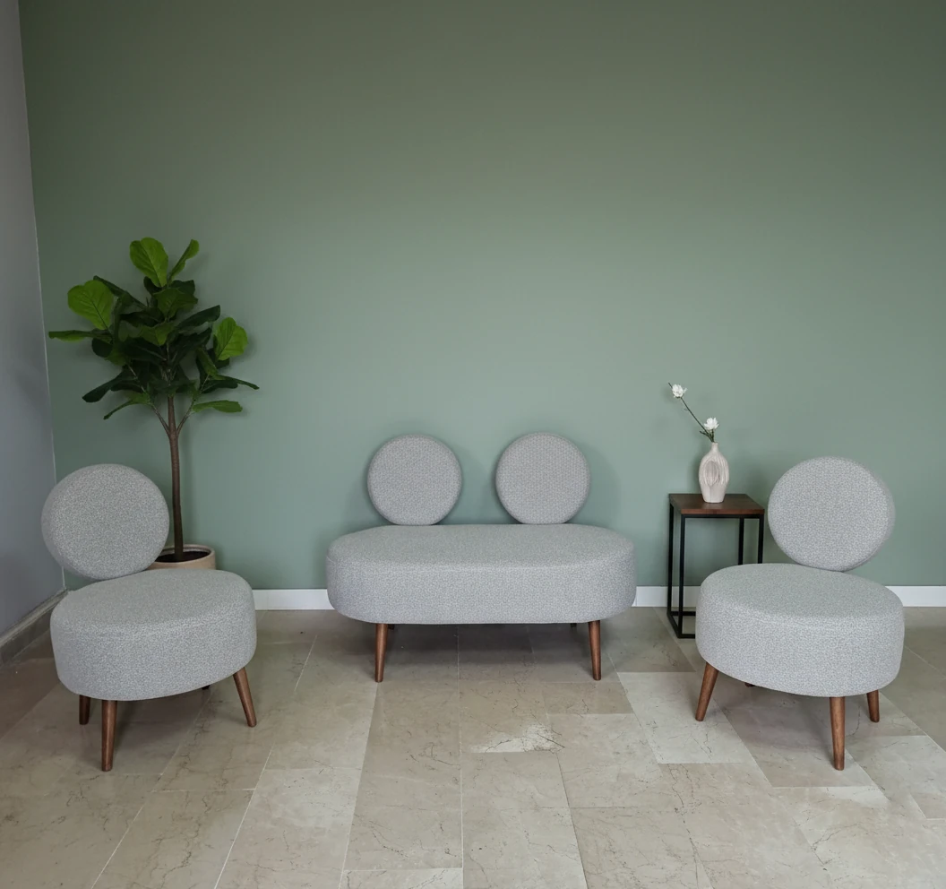 Dünya Model Buklet Kumaş 2+1+1 Koltuk Takımı – Modern Tasarım, Ahşap Ayaklı - Açık Kahve