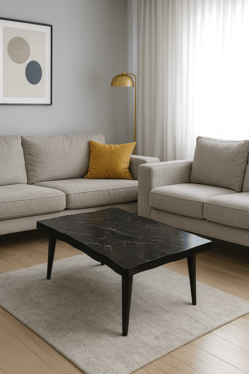 Modern Orta Sehpa | Dalgalı Kenar | Siyah Mermer Desen