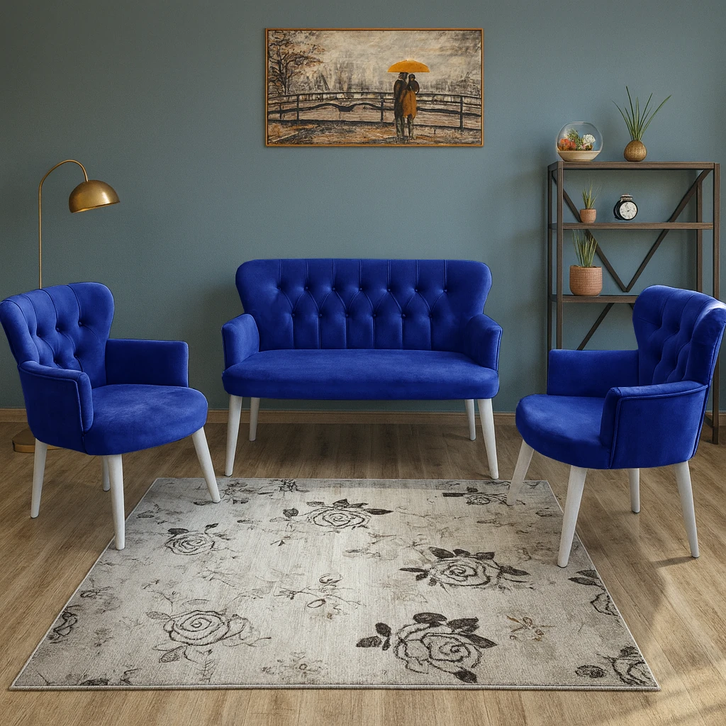 Çay Seti Koltuk Takımı - Babyface Kumaş - Modern Balkon Takımı - Sultani Mavi