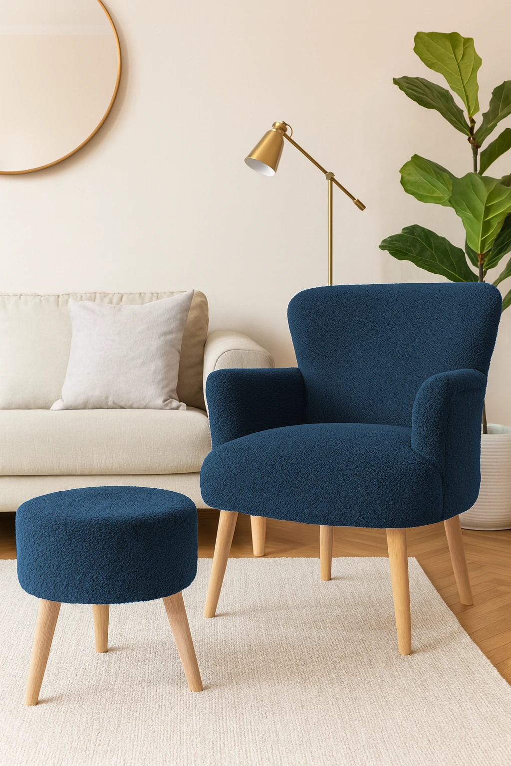 Roma Berjer + Puf Set - Welsoft Yumuşak Kumaş - Ahşap Ayak - Lacivert