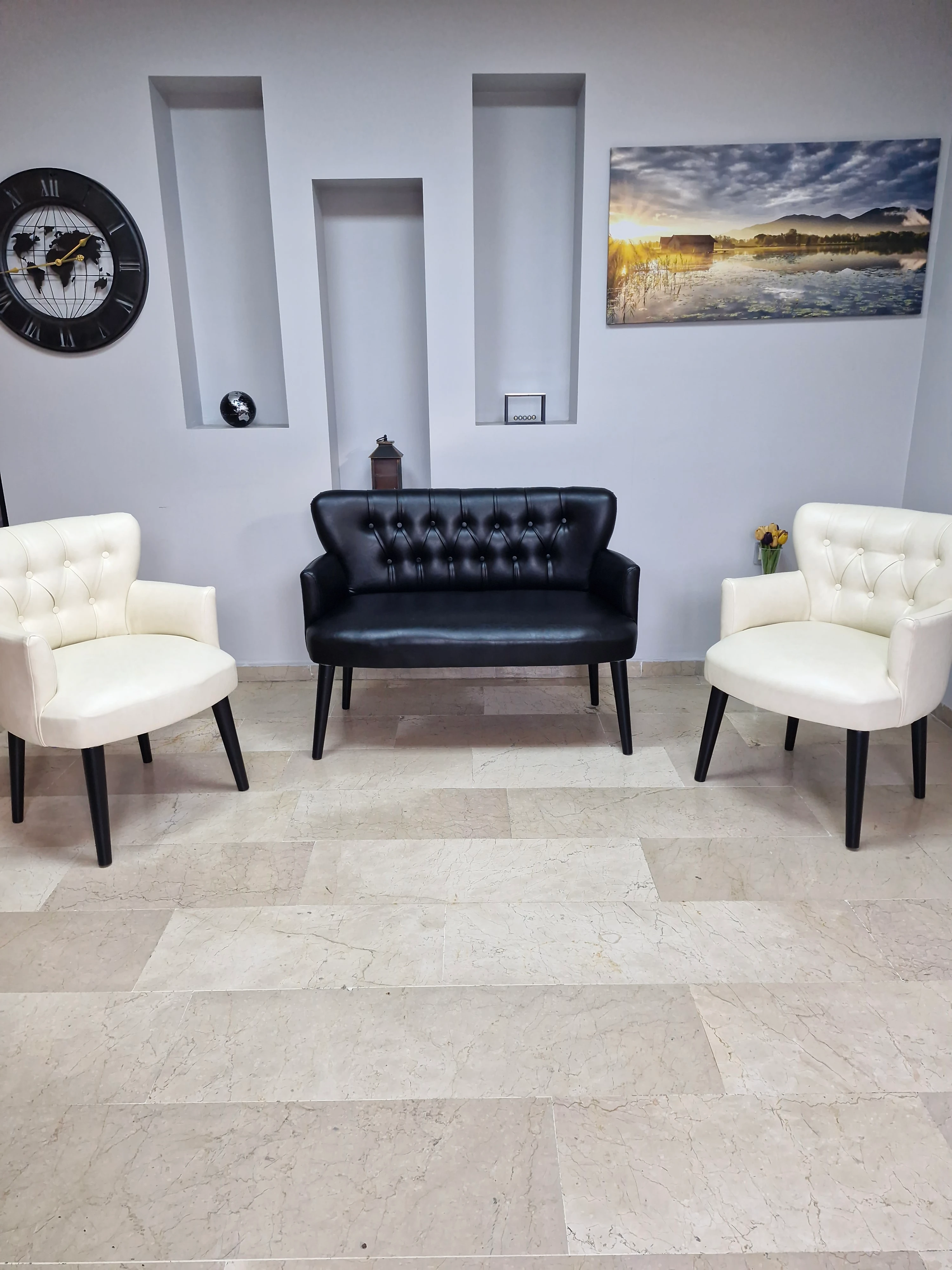 Çay Seti Koltuk Takımı - Deri Kumaş - Modern Chester Tarz - 2 Krem 1 Siyah