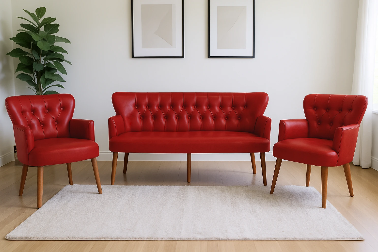 Modern Chester Tarzı 3’lü Çay Seti Koltuk Takımı 3+1+1 – Deri, Ahşap Ayaklı - Kırmızı
