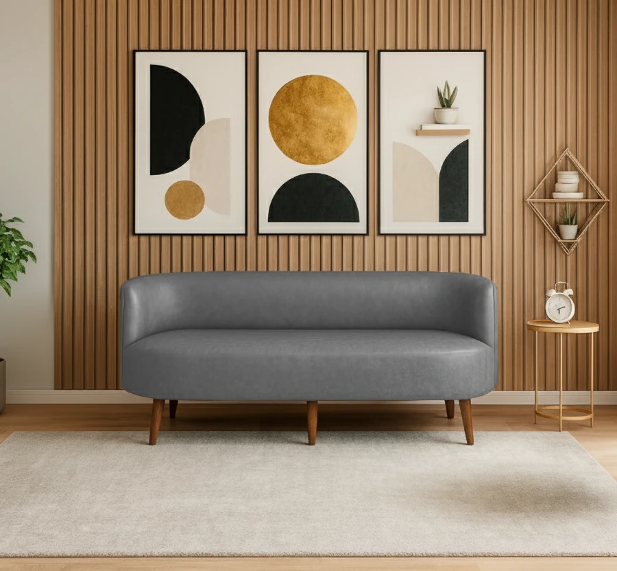 Sydney Üçlü Koltuk Kanepe | Deri Kumaş | Ahşap Ayak | Ofis ve Ev Kullanımı | Gri