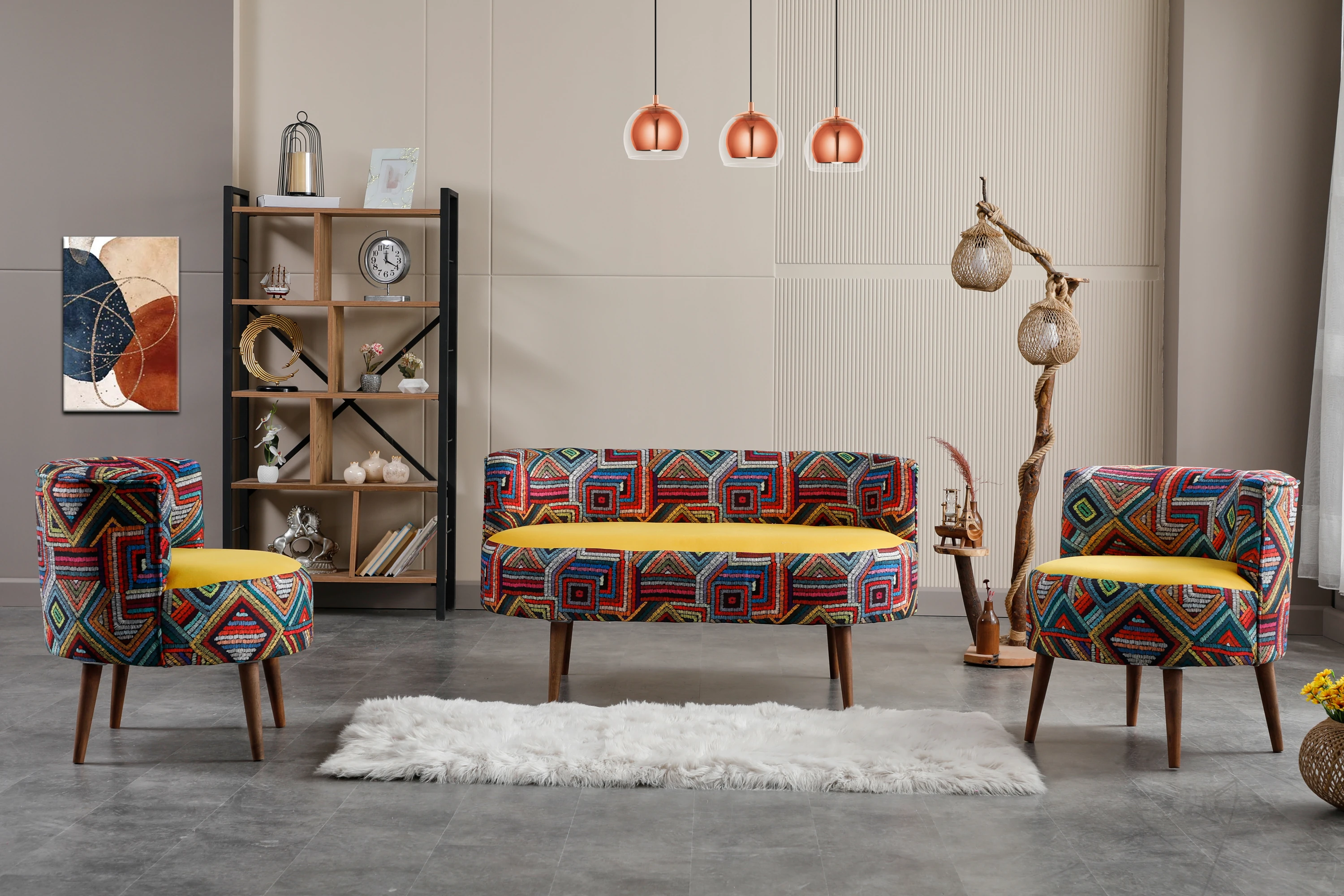 Sydney Modern Çay Seti Koltuk Takımı | Modern | Patchwork Kumaş | Sarı