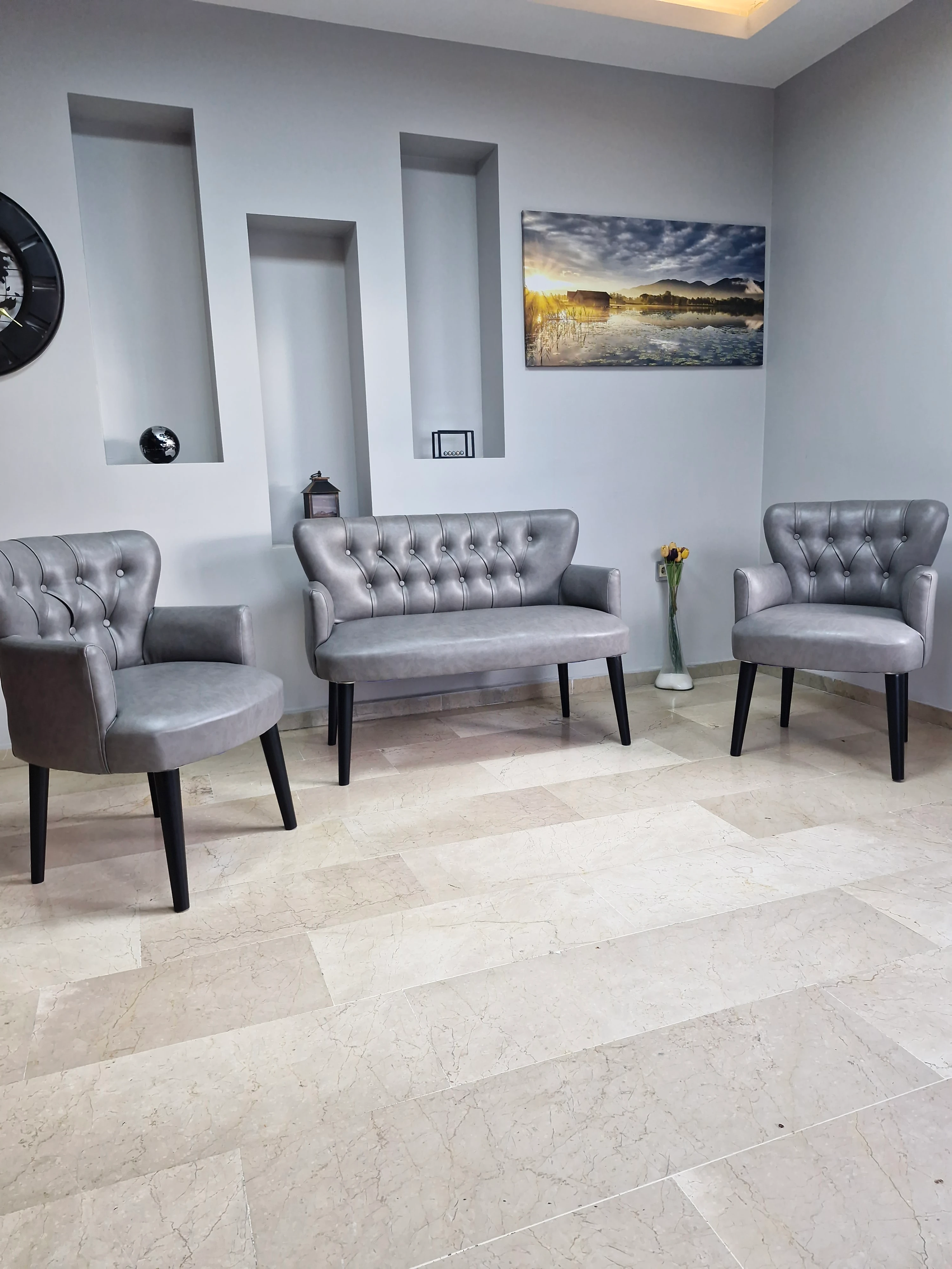 Çay Seti Koltuk Takımı - Deri Kumaş - Modern Chester Tarz - Gri