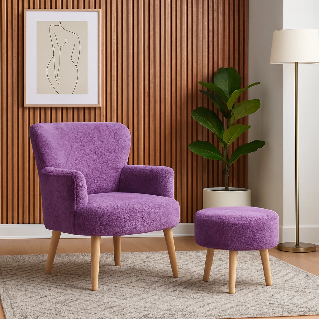 Roma Berjer + Puf Set - Welsoft Yumuşak Kumaş - Ahşap Ayak - Lila