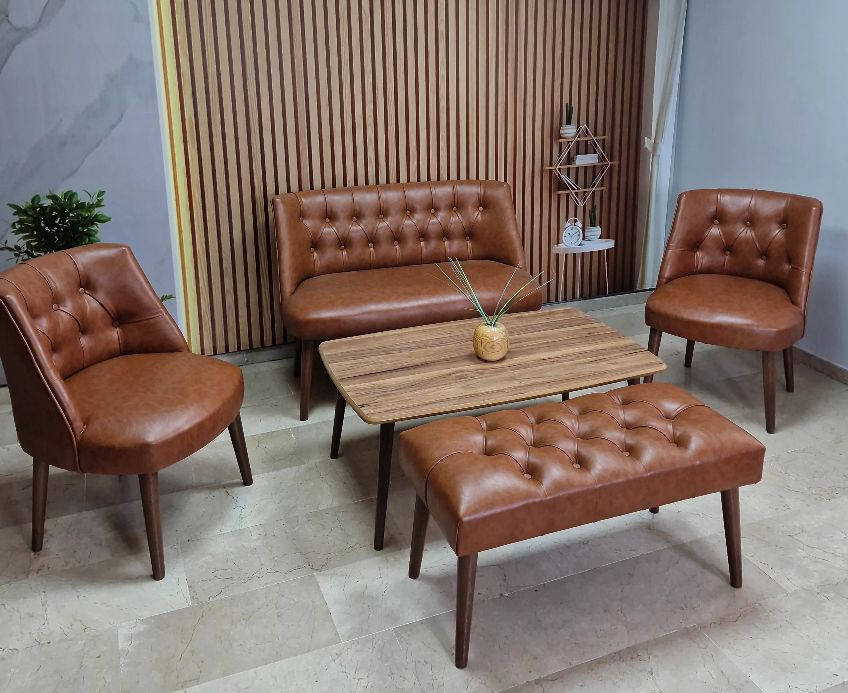 Milano Çay Seti Koltuk Takımı - Ofis Takımı - Deri Kumaş - 2+1+1+Bench+Sehpa | Taba