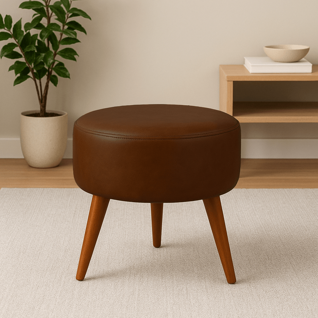 Modern Deri Puf – Ahşap Ayaklı, Demonte - Acı Kahve