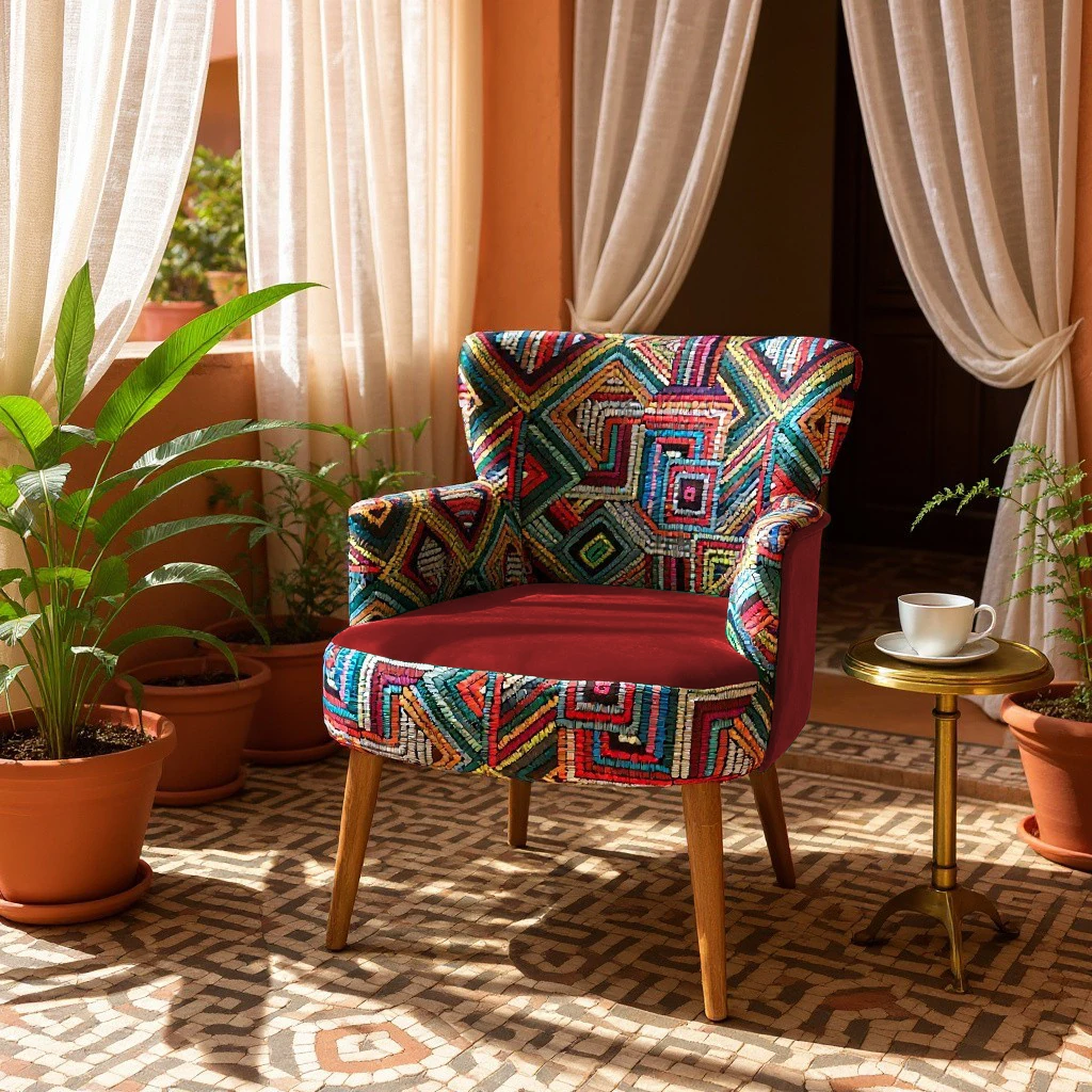 Roma Renkli Desen Modern Tasarım Dijital Baskılı Babyface Kumaş Berjer  Koltuk - Bordo