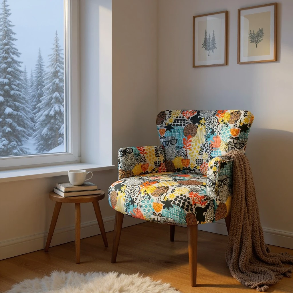 Roma Modern Tekli Koltuk Berjer - Dijital Baskılı Kumaş - Ahşap Ayak - Baykuş Desen