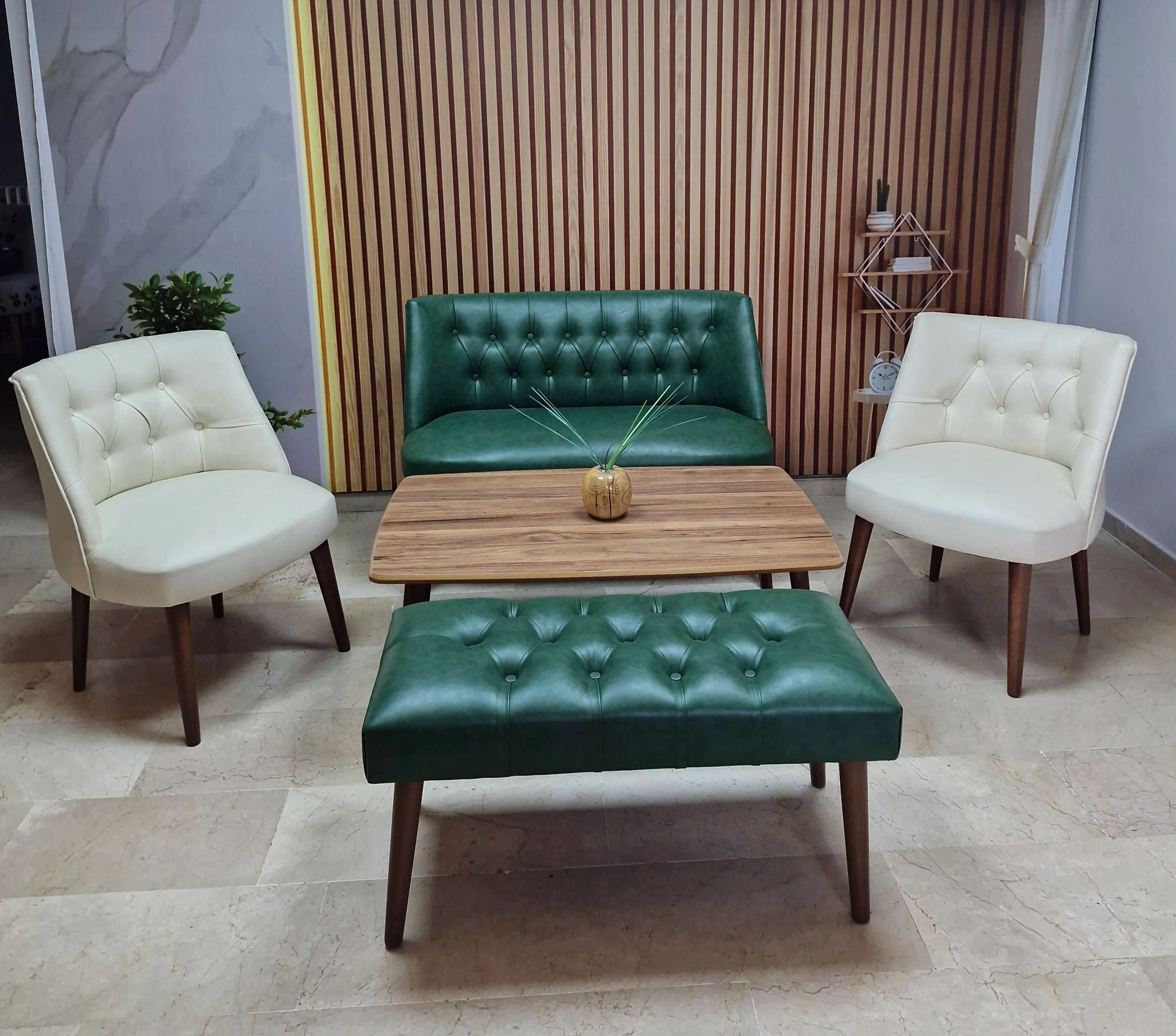 Milano Çay Seti Koltuk Takımı - Ofis Takımı - Deri Kumaş - 2+1+1+Bench+Sehpa | Krem Yeşil