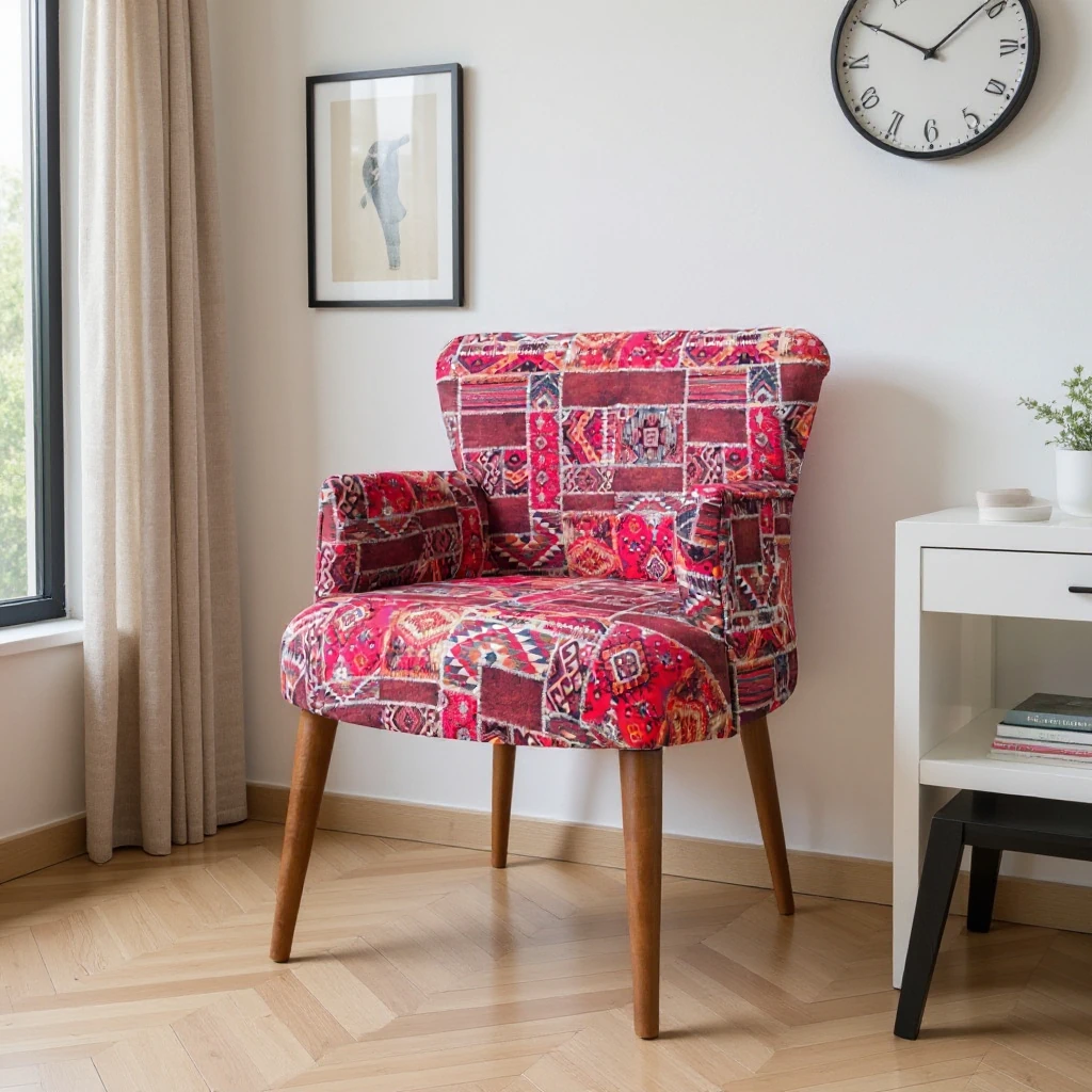 Roma Modern Tekli Koltuk Berjer - Dijital Baskılı Kumaş - Ahşap Ayak - Kilim Desen