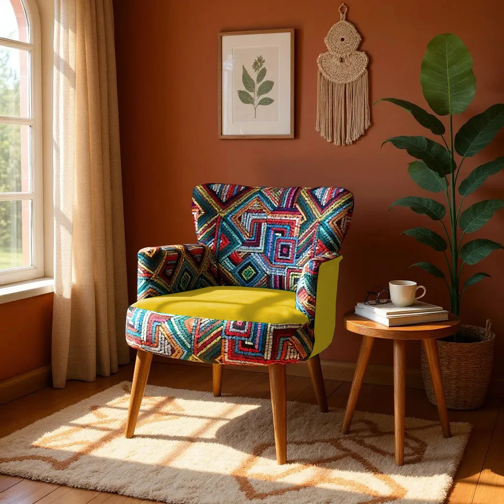 Roma Renkli Desen Modern Tasarım Dijital Baskılı Babyface Kumaş Berjer  Koltuk - Sarı