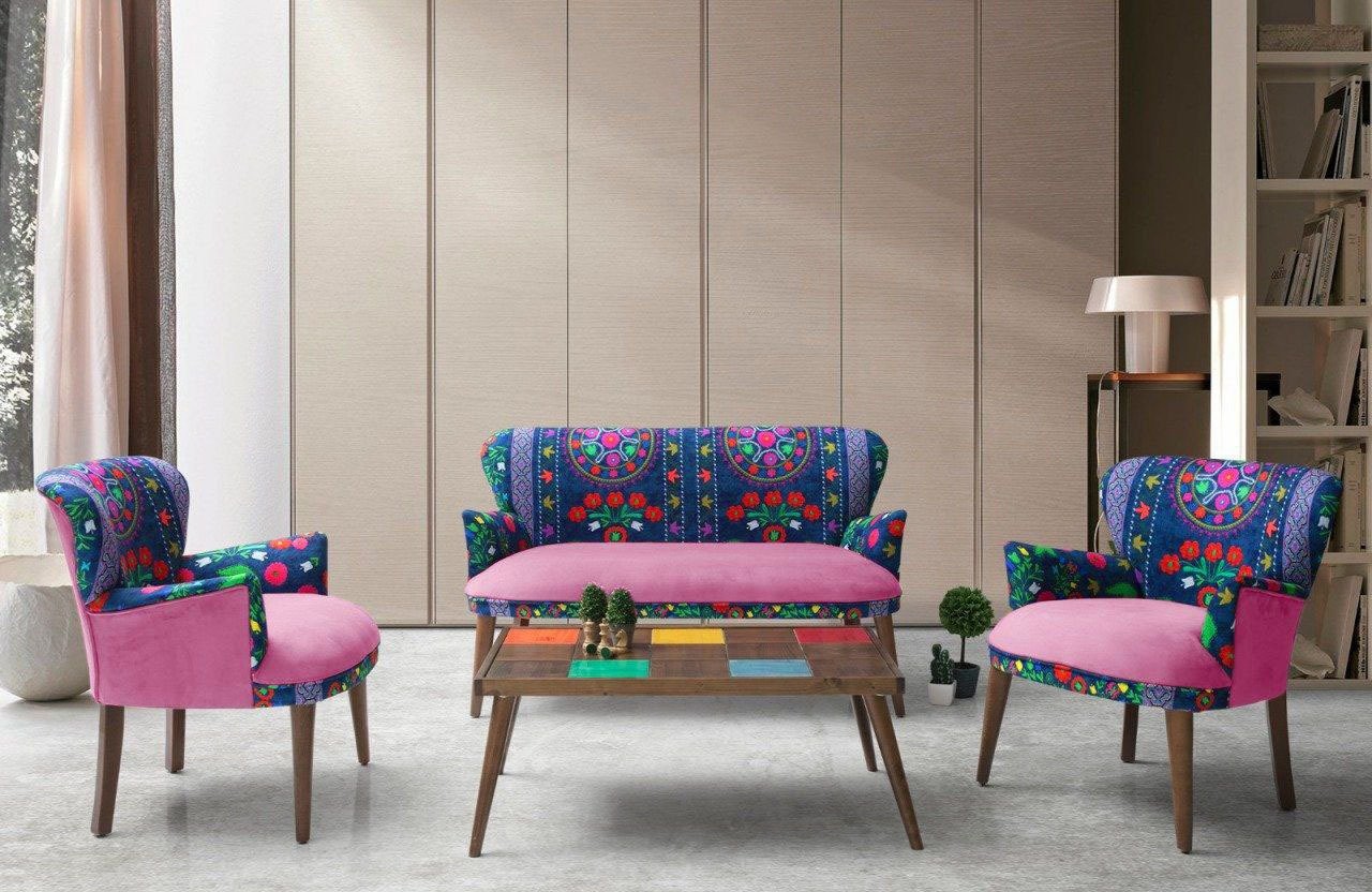 Çay Seti Koltuk Takımı - Etnik Desen - Ahşap Ayak - Pembe