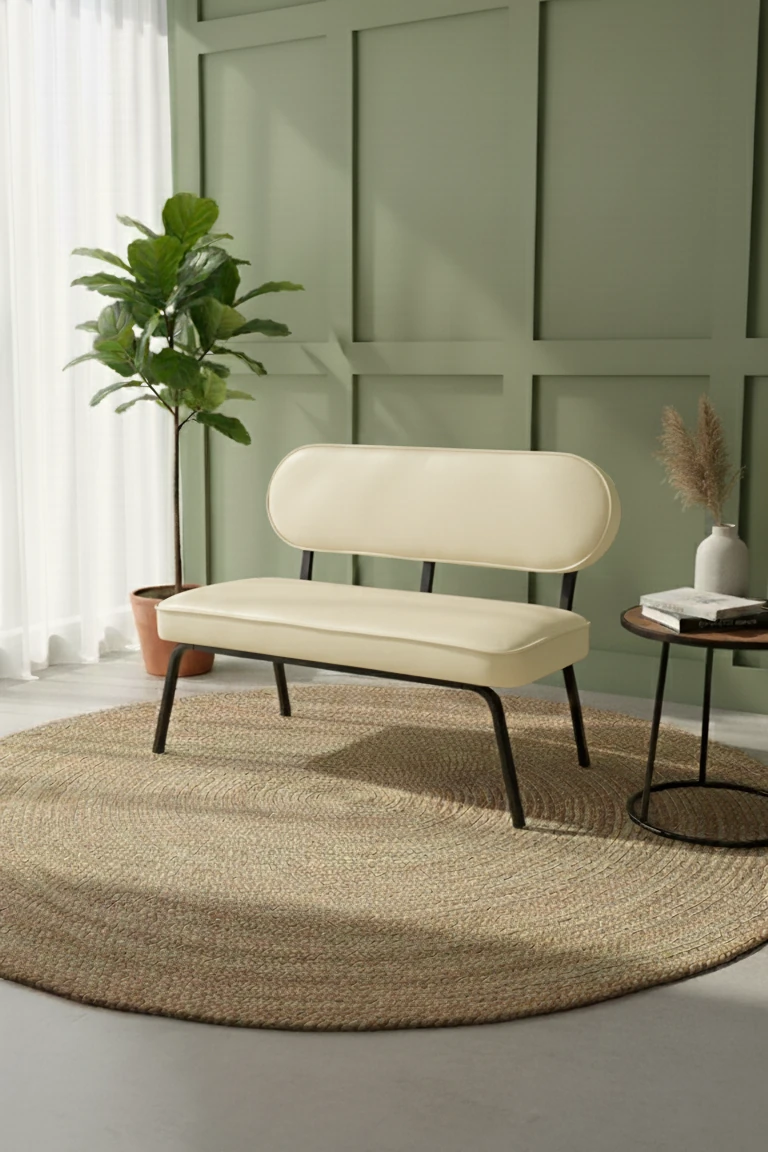 Luna Model İkili Koltuk – Modern Tasarım, Deri Döşeme, Metal Ayak - Krem