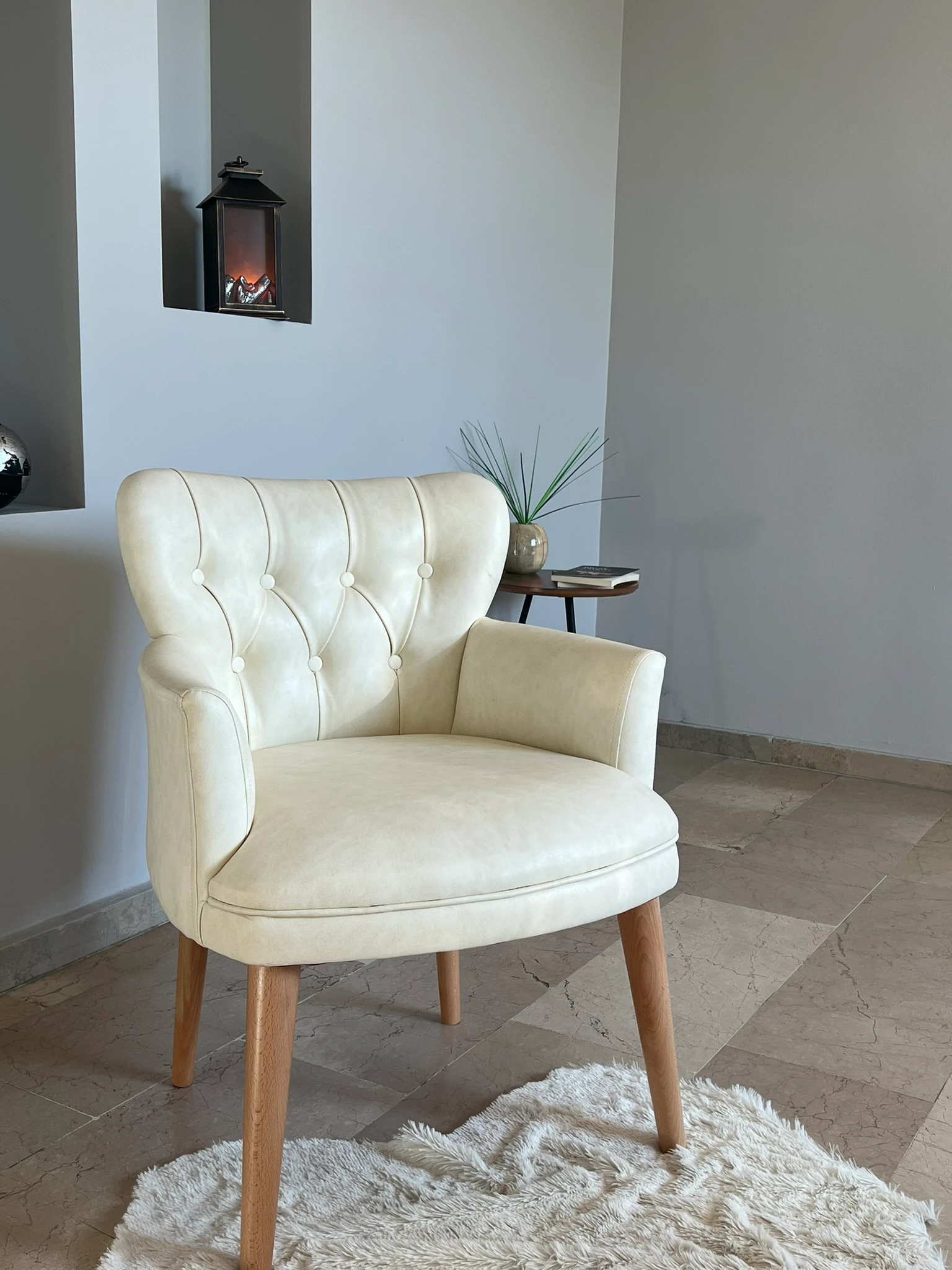 Çay Seti Koltuk Takımı - Deri Kumaş - Modern Chester Tarz - Krem