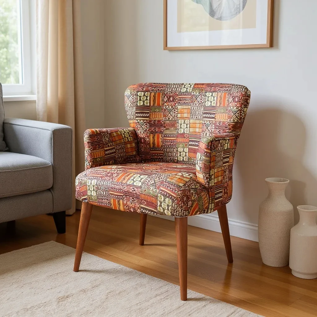 Roma Modern Tekli Koltuk Berjer - Dijital Baskılı Kumaş - Ahşap Ayak - Nostaljik Desen