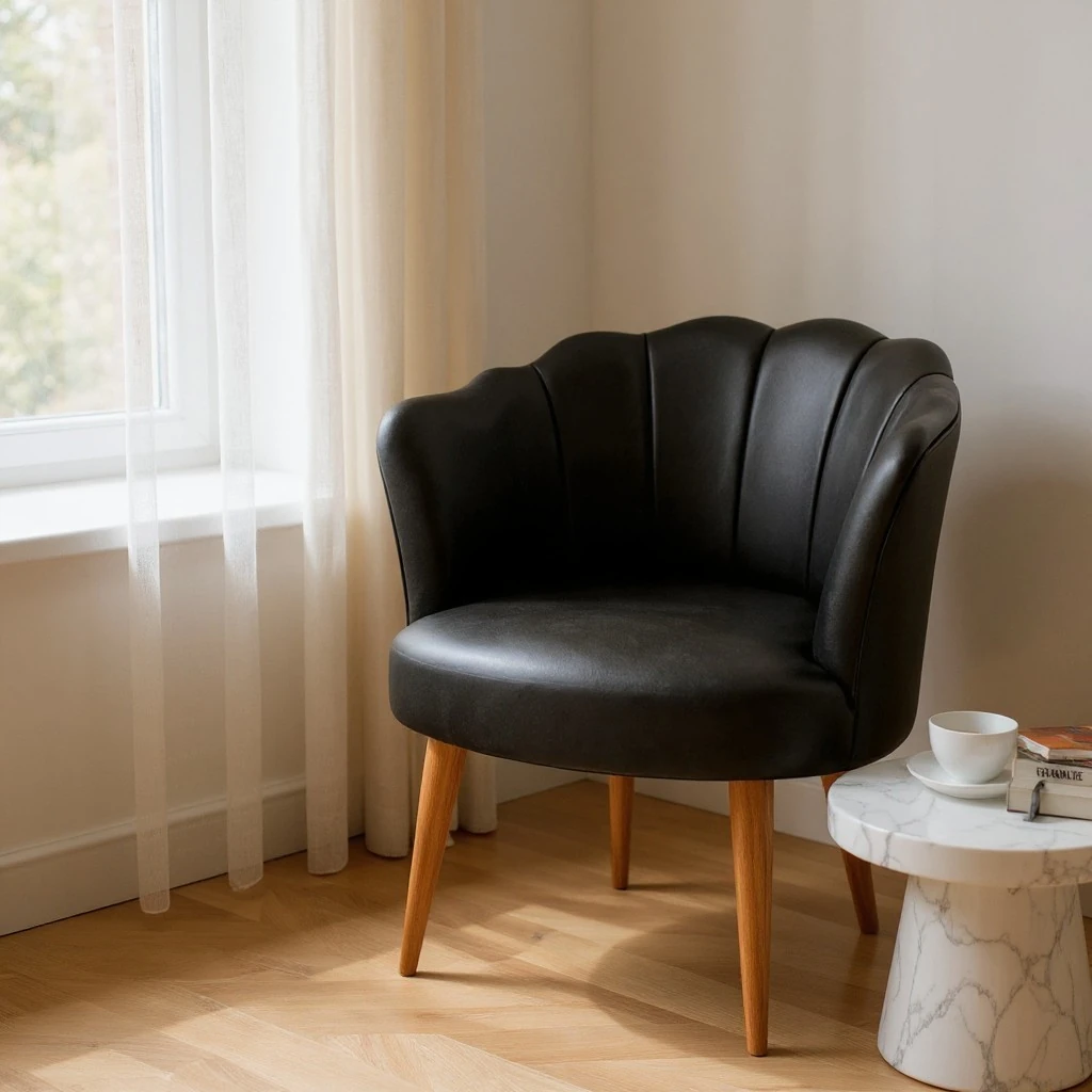 Papatya Deri Kumaş Modern Berjer Koltuk - Siyah