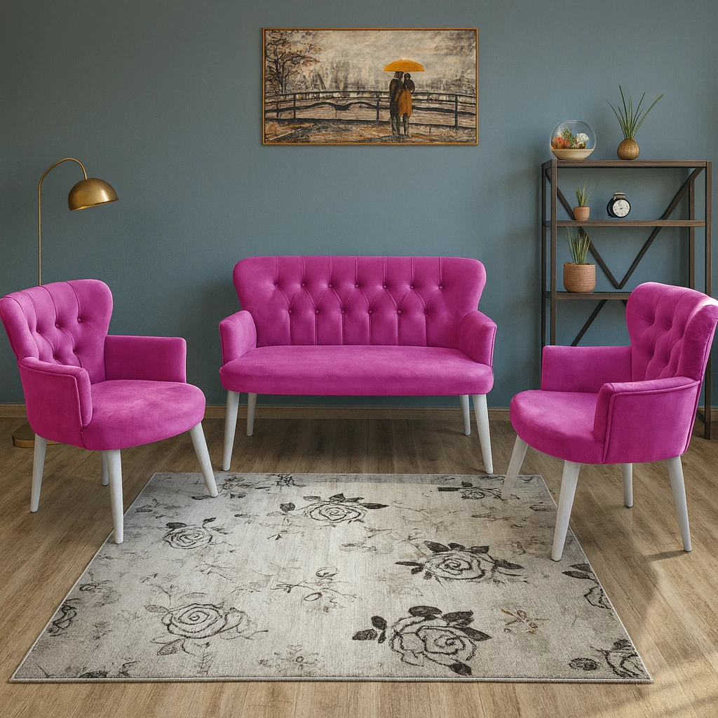 Çay Seti Koltuk Takımı - Babyface Kumaş - Modern Balkon Takımı - Fuşya