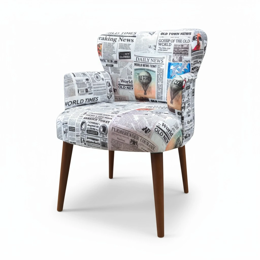 Roma Modern Tekli Koltuk Berjer - Dijital Baskılı Kumaş - Ahşap Ayak - Gazete Desen