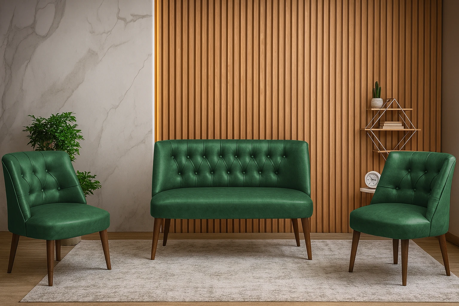 Milano Çay Seti Koltuk Takımı - Ofis Takımı - Deri Kumaş - 2+1+1 - Yeşil