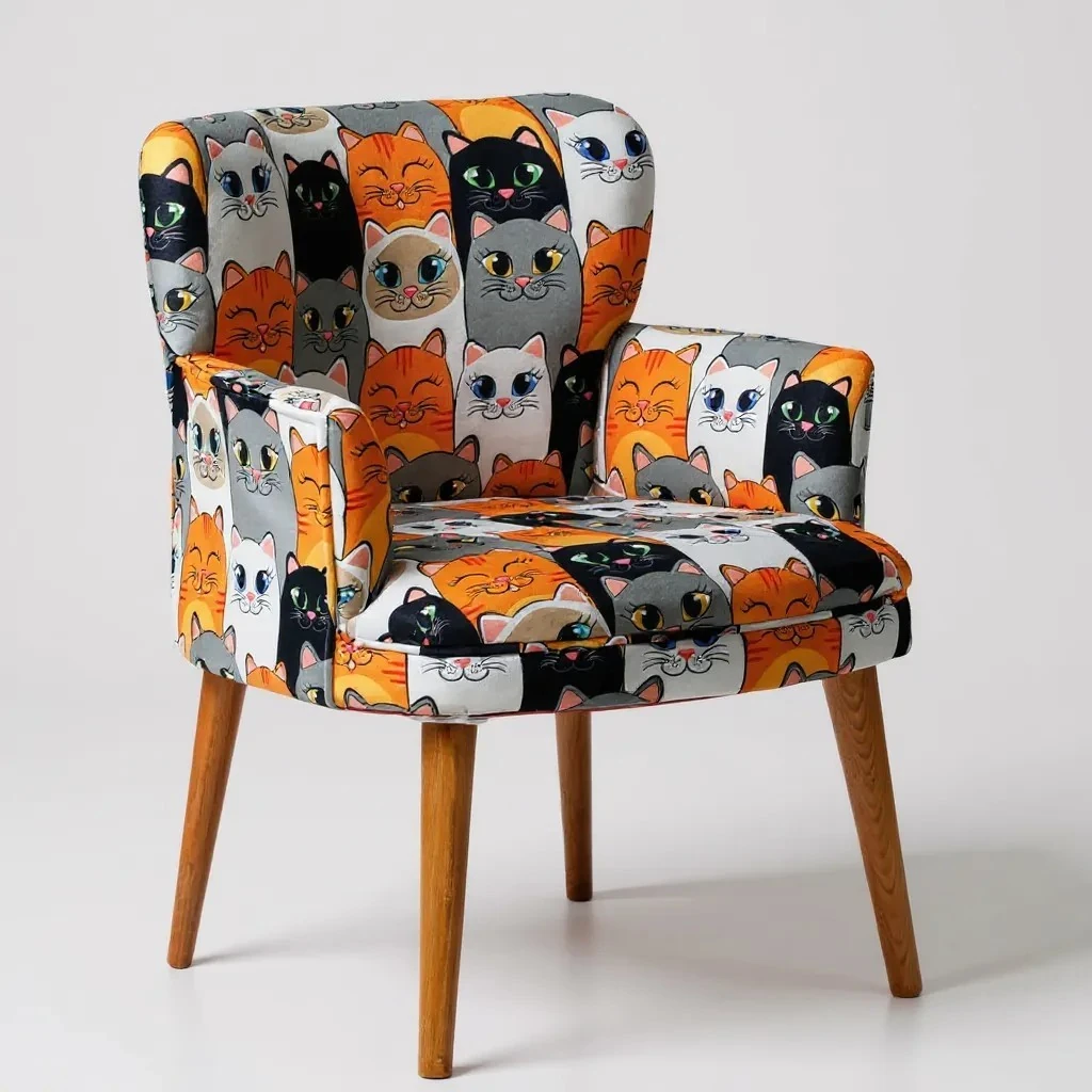 Roma Modern Tekli Koltuk Berjer - Dijital Baskılı Kumaş - Ahşap Ayak - Kedili 1 