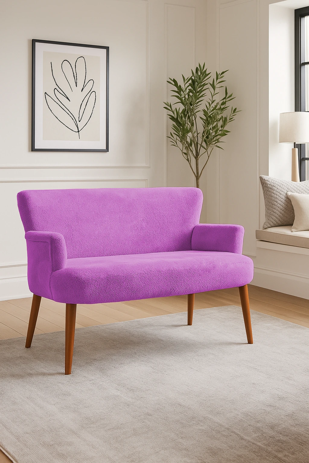 Roma Modern İkili Koltuk - Welsoft Yumuşak Kumaş - Ahşap Ayak - Lila