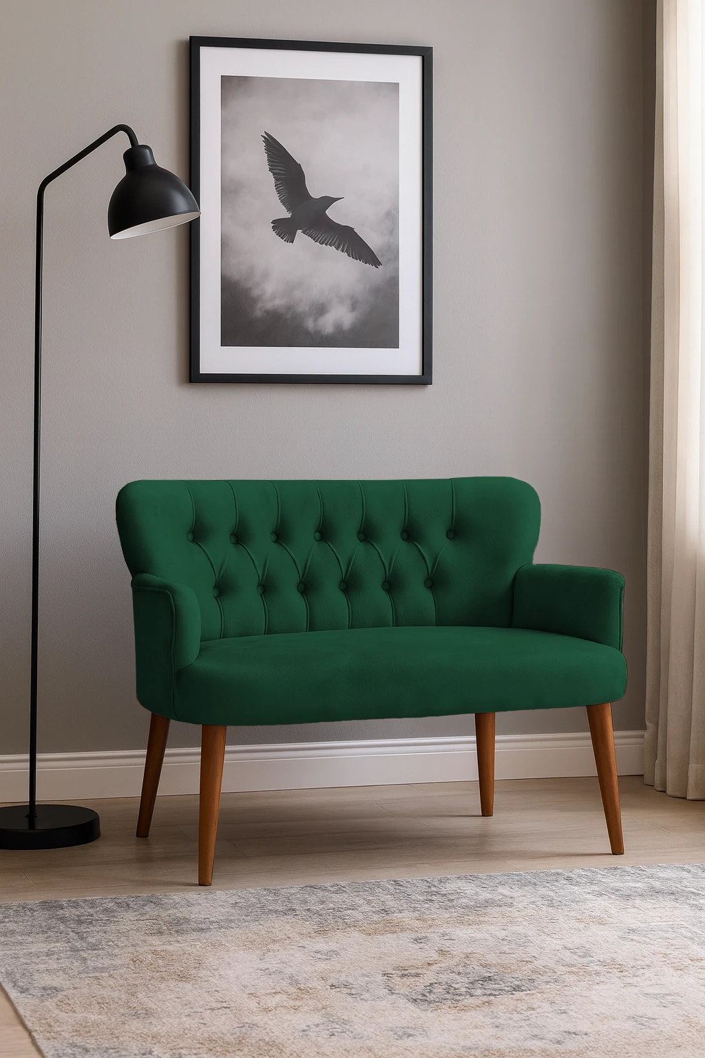 Roma Modern İkili Koltuk - Babyface Kumaş - Ahşap Ayak - Yeşil