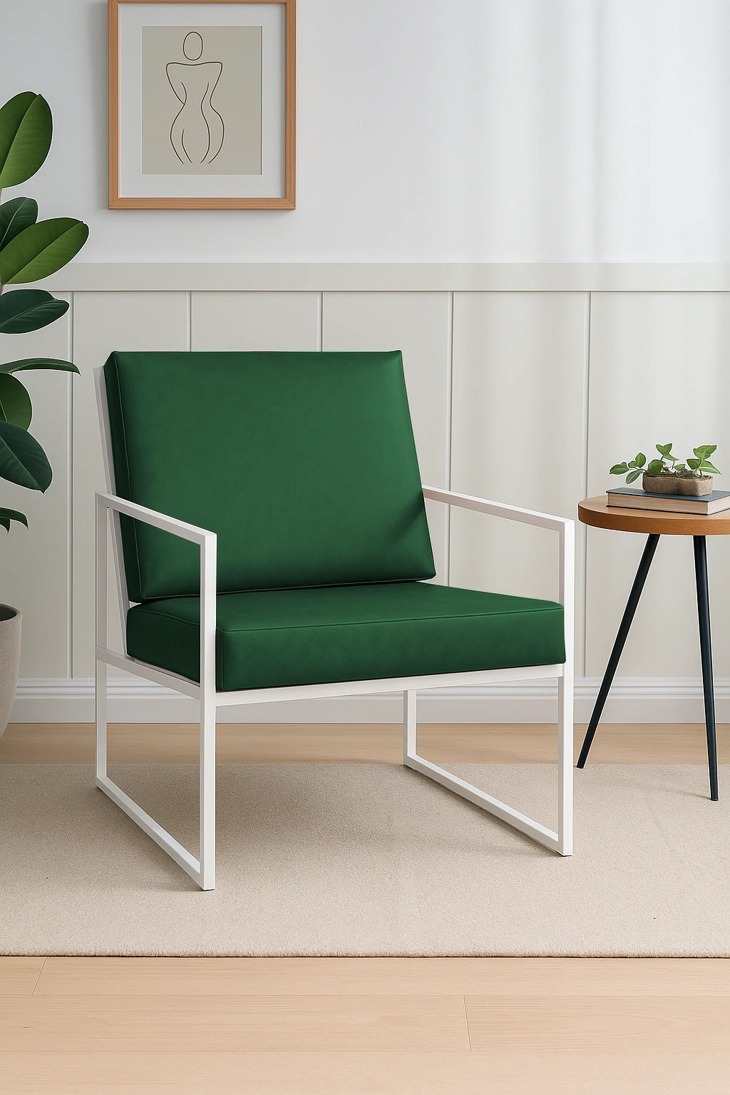 İskandinav Tarzı Metal Ayaklı Deri Tekli Koltuk Beyaz İskelet – Yeşil